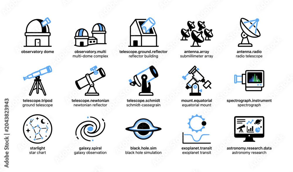 Fototapeta premium Astronomy equipment icons organized in grid on white background