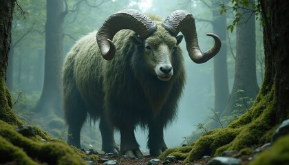 Large horned ram stands in a misty forest. Moss covers trees and ground. Creature has thick woolly fur. It looks forward with calm gaze. Wildlife scene.