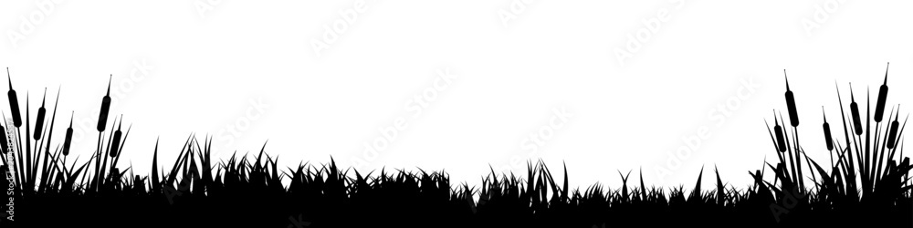 Obraz premium Meadow silhouette with grass, plants on plain. Panoramic summer lawn landscape with herbs, various weeds. Herbal border, frame element. Black horizontal banners. Vector illustration