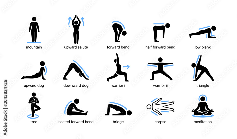 Fototapeta premium Yoga pose icons showing common asanas on white background