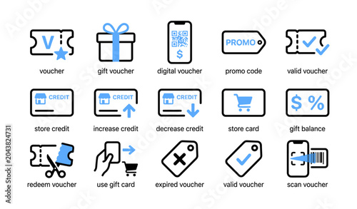 Voucher and gift card icons arranged in grid on white background