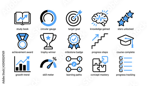 Education and achievement icons illustrating progress and learning goals