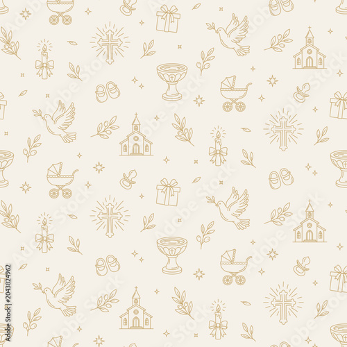 Baby Baptism Dense christening seamless pattern with church, font, carriage, gifts, dove and cross in gold on ivory background. For gift wrapping paper, textile, fabric print and christening packaging
