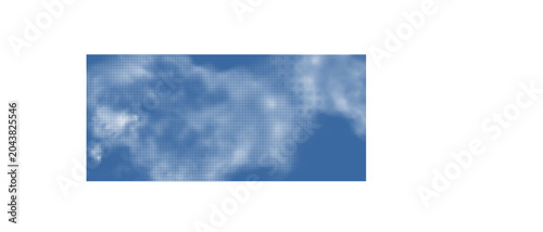 Blue sky gradient featuring abstract halftone clouds and stipple pattern effect.