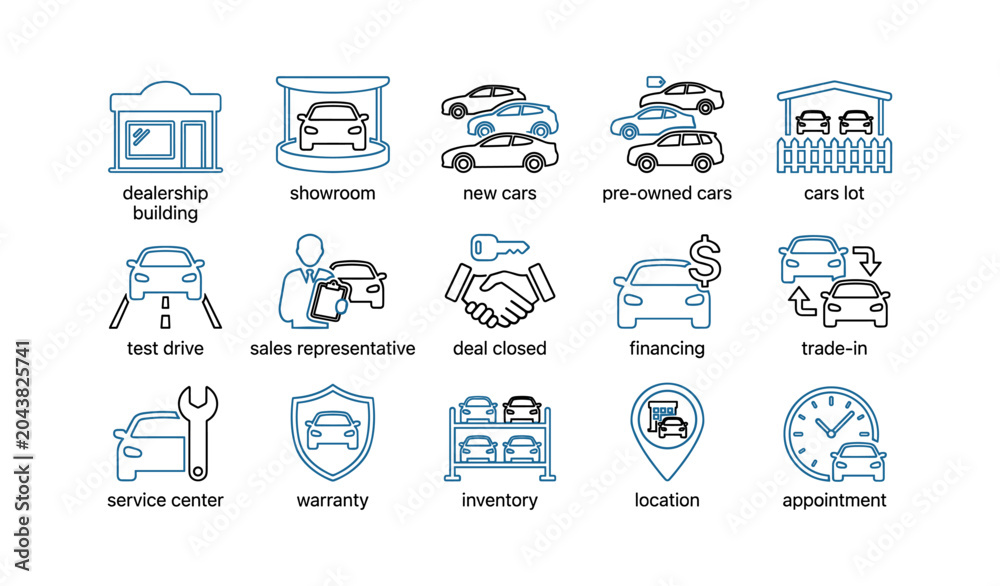 Naklejka premium Icon set of car dealership services arranged on white background