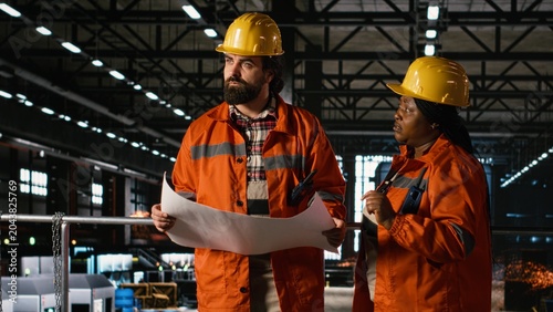 Fotografi Two diverse engineers analyze blueprints and construction instructions in heavy industry factory, Using technical plans for heavy equipment operations to ensure industrial production
