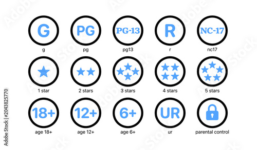 Content rating and star review icons on white background