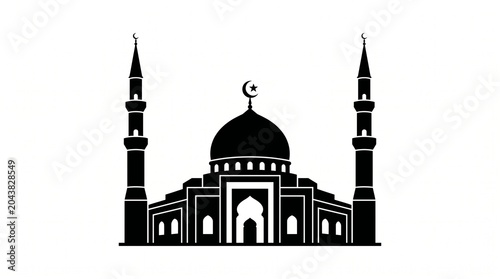 A black silhouette of a mosque with minarets and a dome