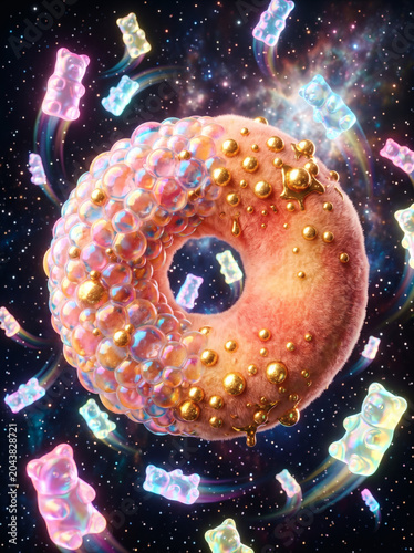 Surreal macro-style illustration of a fluffy furry pink donut covered in shimmering pearl bubbles and dripping gold glaze, floating in space with colorful translucent gummy bears.