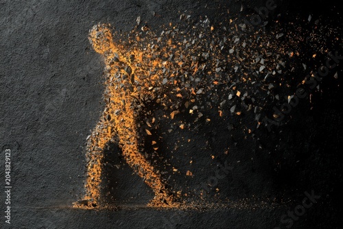 Human Figure Disintegrating Orange Fragments Particles Dark Background Transformation Concept