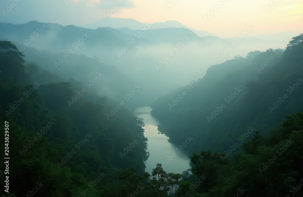 Obraz premium Misty morning over jungle valley with river. Fog layers obscure distant mountains. Rich green trees cover steep hillsides beside calm water body.
