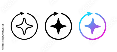 AI star refresh circle line arrow icon. Round regenerate arrow neon purple icon. Digital reset artificial intelligence infographic element. Refresh generate prompt. Vector illustration isolated.