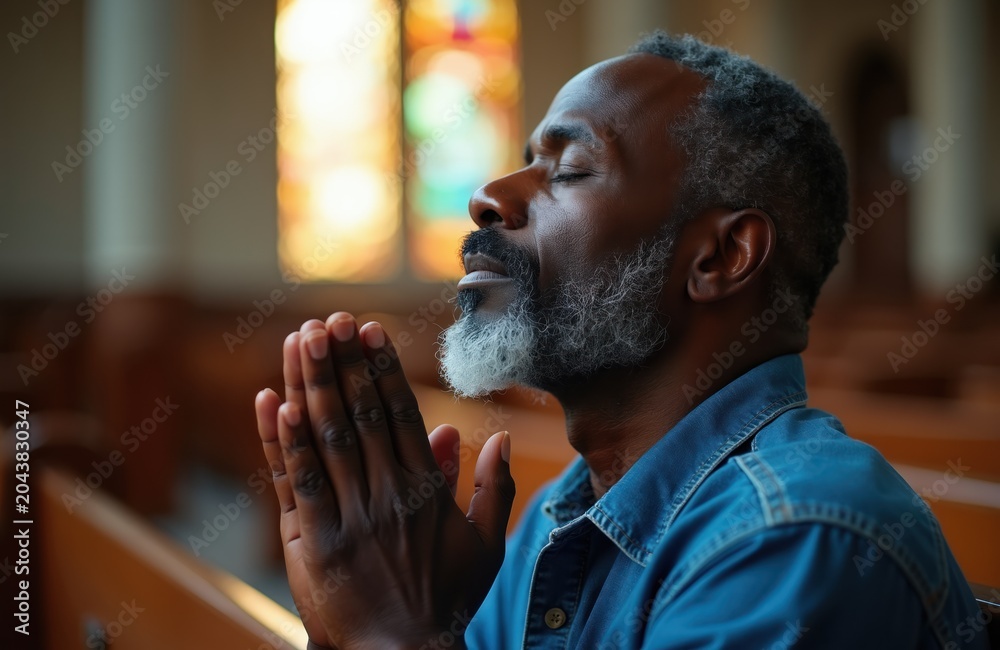 Obraz premium Black man prays with hands clasped inside church pew. Man seeks divine guidance, spiritual connection, and inner peace. He wears a blue denim shirt with grey beard.