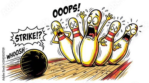 Tableau sur toile Funny Bowling Pins Scared of Ball, Strike!? Cartoon Illustration