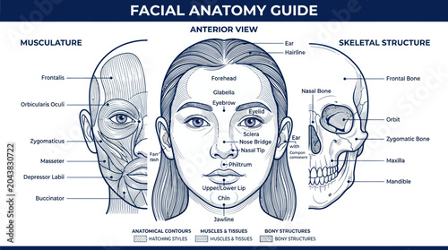 Human Facial Anatomy Guide: Musculature, Skeletal Structure, Anterior View