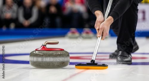 Cropped view of player sweeping curling stone using broom or brush on ice sheet. Audience on background. International games and championships. World tournaments. Winter sports