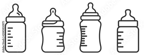 Tableau sur toile set of baby bottles line icons with measurement scale and nipple on transparent