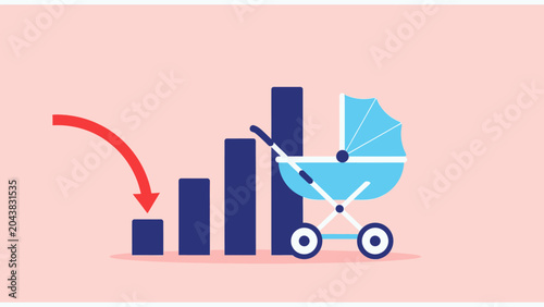 Declining Birth Rate Concept featuring a blue baby stroller next to a bar graph with a red downward arrow, ideal for demographic studies and economic reports on fertility trends.