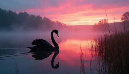 Black swan swims on misty lake at sunrise. Colorful sky reflects on water surface. Reeds grow on shore. Tranquil nature scene, wild bird in calm pond.