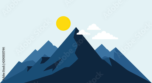 Jagged blue mountain peaks rise under a bright yellow sun and white clouds