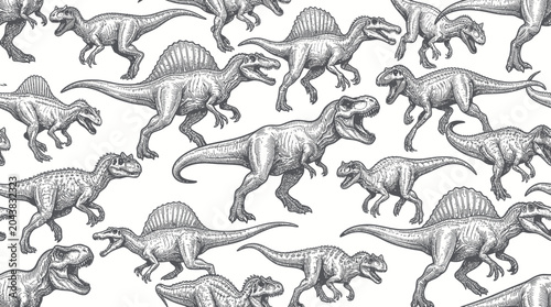 Photography Dinosaur Pattern: Vintage Sketch Style T-Rex, Spinosaurus, and Raptors on White