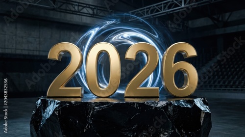 Golden 2026 number emblem on futuristic podium with glowing blue light in dark background