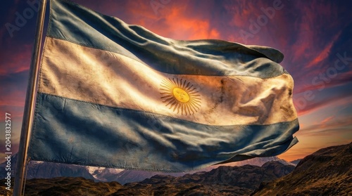 Argentina flag waving in dramatic sunset sky with golden light and clouds