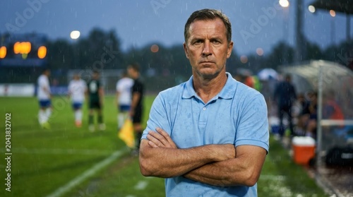 Football coach standing on field sidelines with arms crossed during evening game