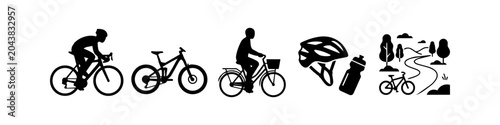 Foto Cycling silhouette icons set featuring road bike, mountain bike, commuter cyclist, helmet, water bottle, and outdoor park trail