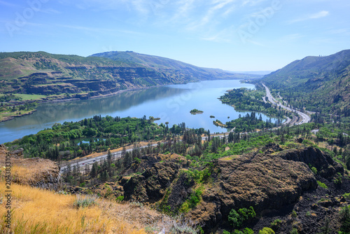 Photos View east along the Columbia River as interstate 84 cuts through the rugged land