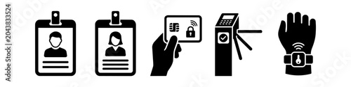 Tableau sur toile Set of black and white icons for access control and identification, featuring ID badges, smart cards, security turnstiles, and wearable RFID technology for secure entry systems