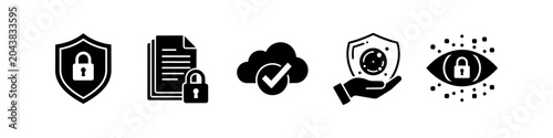 Fotografie A set of five black cybersecurity icons on a white background, representing data protection, secure documents, cloud safety, antivirus defense, and privacy monitoring
