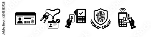 Schilderij op canvas Set of security and identification icons featuring ID cards, biometric fingerprint scanners, access control badges, and digital verification terminals for corporate and safety use