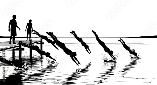 People diving into water in sequence.