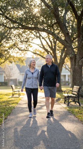 Older couple walking for health in a neighborhood park