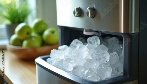 Home ice maker full of clear cubes sits on counter next to bowl of green apples. Fresh cool ice ready for drinks or chilling food. Appliance provides cold cubes quickly for parties or daily use.