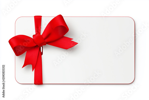 Blank white gift card mockup with elegant red ribbon bow isolated on white background