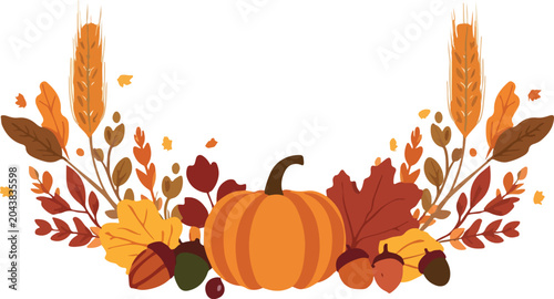 Bild auf Leinwand Colorful Autumn Pumpkin and Fall Leaves Season Vector Illustration