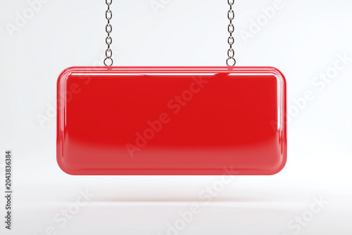 Blank red hanging signboard mockup with metal chains isolated on white background