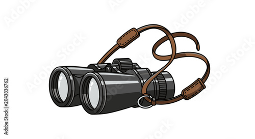 Vintage style illustration of black binoculars with leather strap.