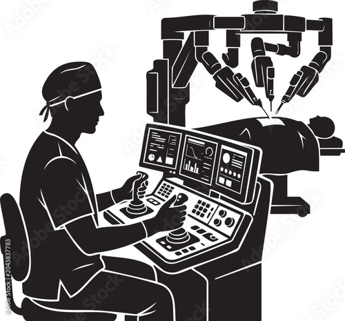 Surgeon Operating Robotic Surgery Console with Monitor and Patient Silhouette