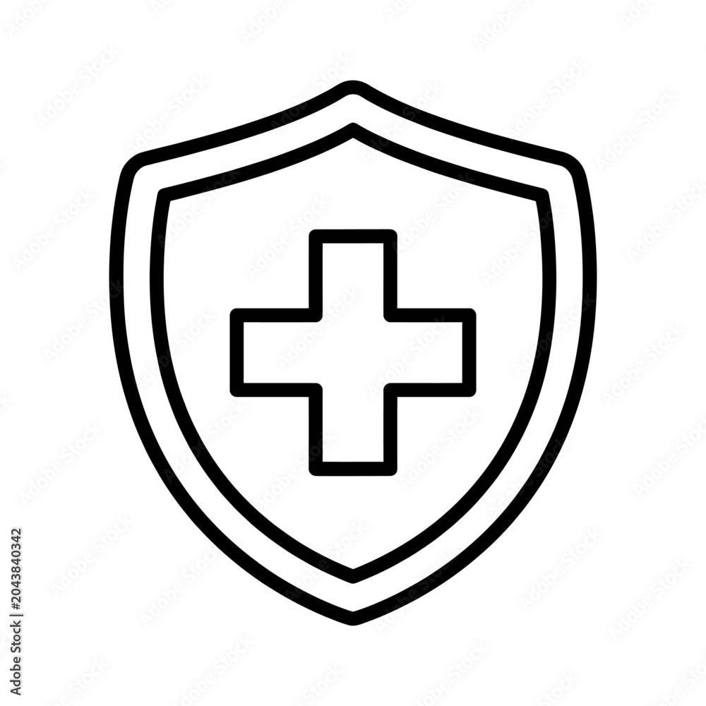 Obraz premium Medical shield icon with cross symbol in minimalist black outline style for healthcare protection or insurance concept