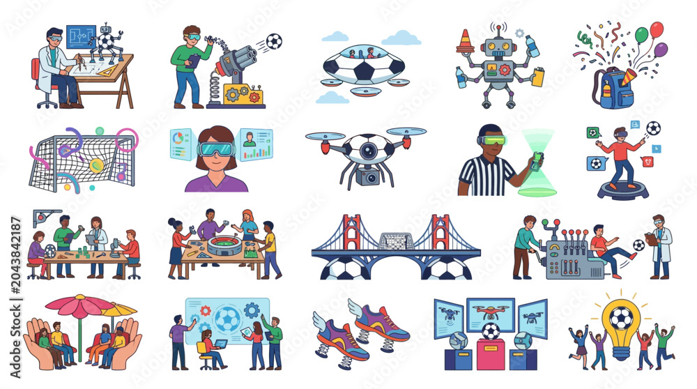 Fototapeta premium Vibrant icons of people, animals, and objects in action, set in a lively environment