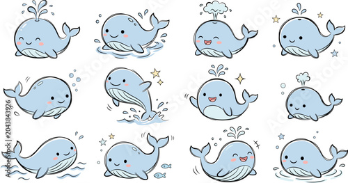 Cute Hand Drawn Whale Cartoon Doodle Set Kawaii Ocean Animal Vector Collection