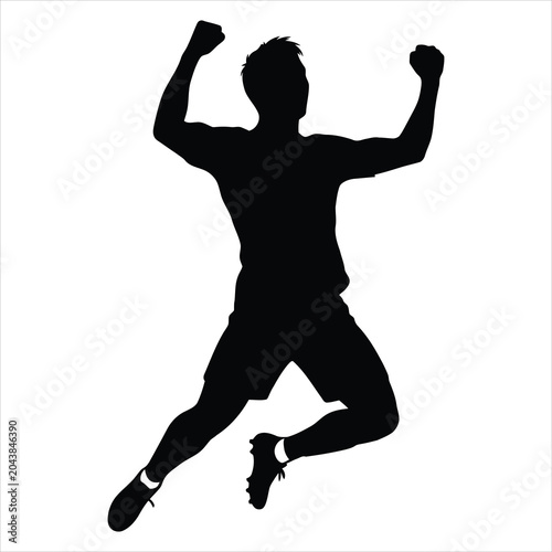 Photography A black silhouette of a soccer player jumping in mid-air and celebrating a victory, isolated on a white background