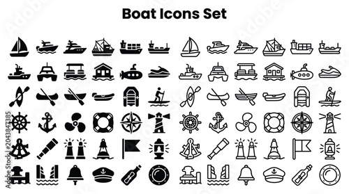 Foto A collection of boat icons set with various vessels, ships, and nautical symbols on a white background