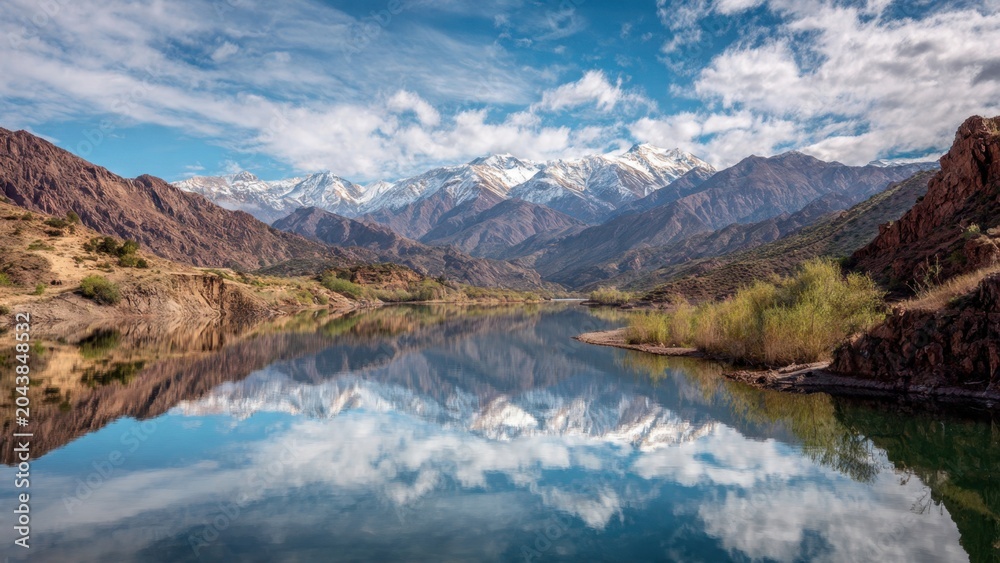Naklejka premium Mountain Reflection in Serene River Valley