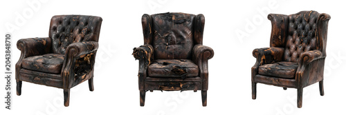 Canvastavla This set of three detailed illustrations showcases classic, tufted-back vintage armchairs that appear heavily charred or burned, providing a dramatic, textured conceptual visual