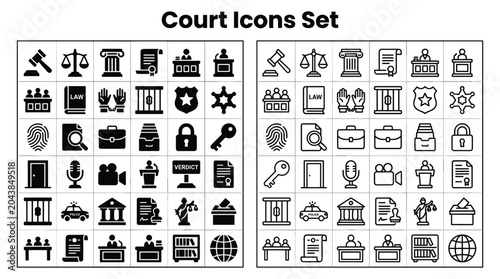 Photos Court icons set featuring symbols for law, justice, and legal system