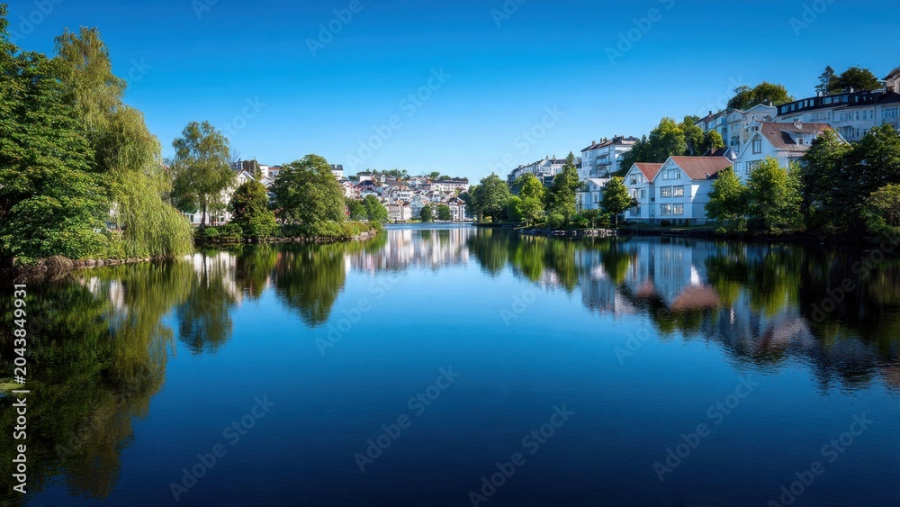 Fototapeta premium Serene River Reflections with European Townscape